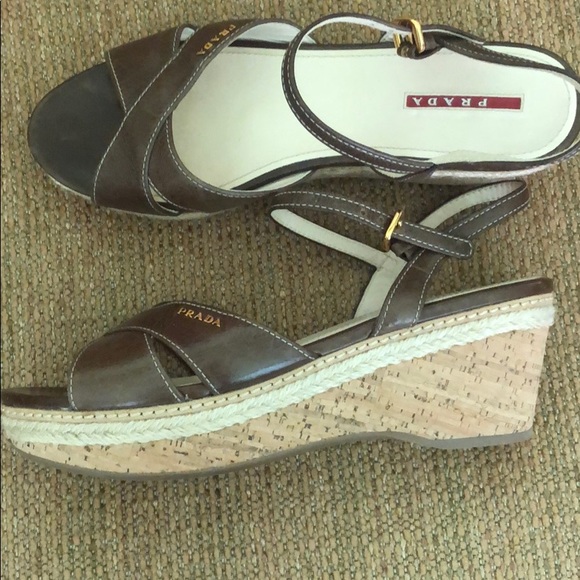 Prada Brown Leather Wedge Sandals - Picture 4 of 5